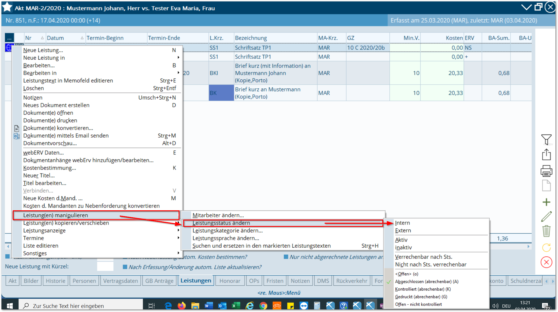BAS_Kontextmenü in der Leistungserfassung