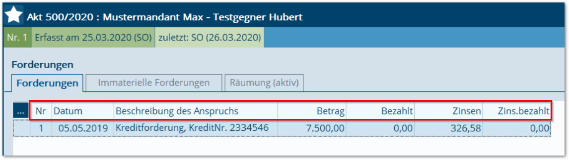 Forderungen Spalten speichern